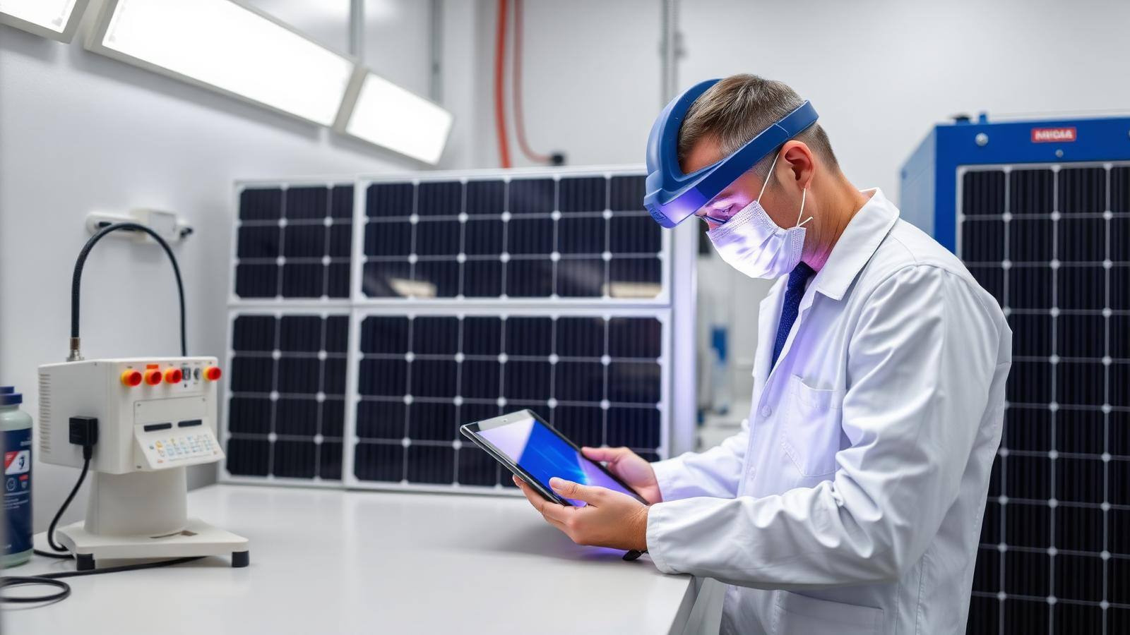 Engineer performing electroluminescence testing on a solar module in a quality lab