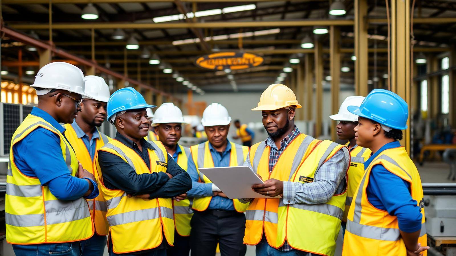 Nigerian engineers and factory workers on a solar manufacturing floor